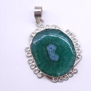 Green Solar Quartz Pendant with Sterling Silver Frame – 1.75x1.75 Inches